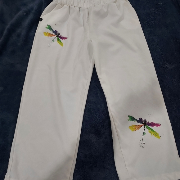 White Pants with Colorful Dragonfly Design Xxl - Picture 1 of 10